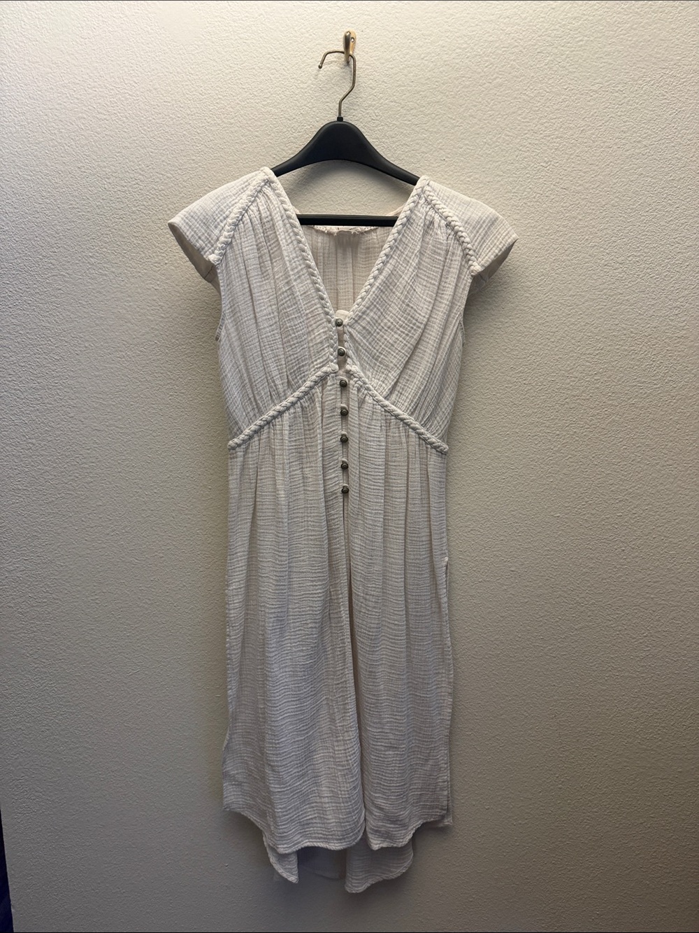 Anthropologie Cream Button-Front Textured Midi Dress with Braided Waist